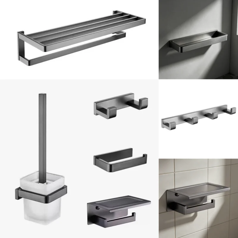 Gray 304 Stainless Steel Bathroom Accessorie 2 4 6 Hook Towel RackToilet Paper Holder Robe Hook Towel Bar Toilet Brush Hardware