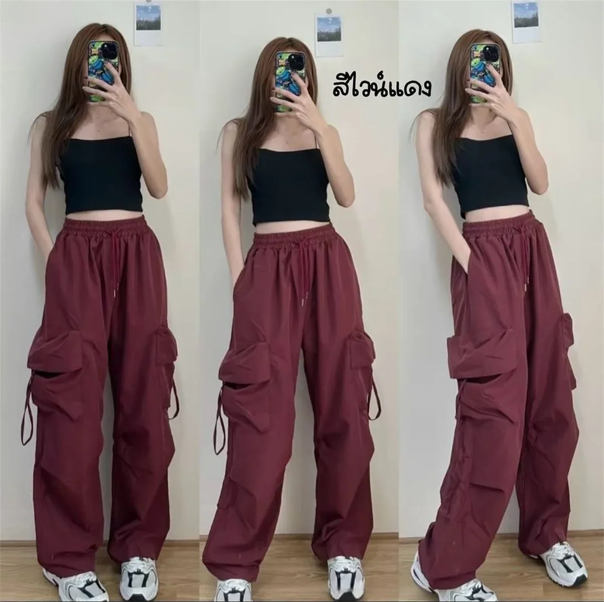 SweatPants Damen Vintage Cargo-Hosen Mode Elastischer Bund Retro Oversized Einfarbige Weite Hosen Lässige Streetwear Baggy-Hosen – Detail 13