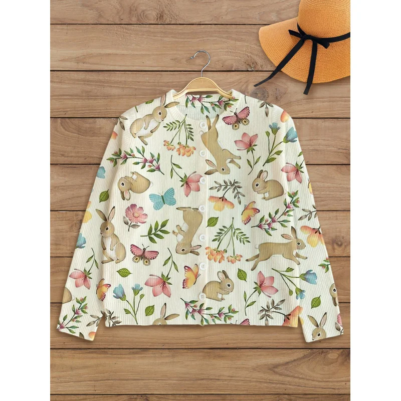 

Lazy Style Rabbit Floral Print Girls' Sweater Cardigan Warm High-Quality Round Neck Long Sleeve Button Autumn Winter Casual
