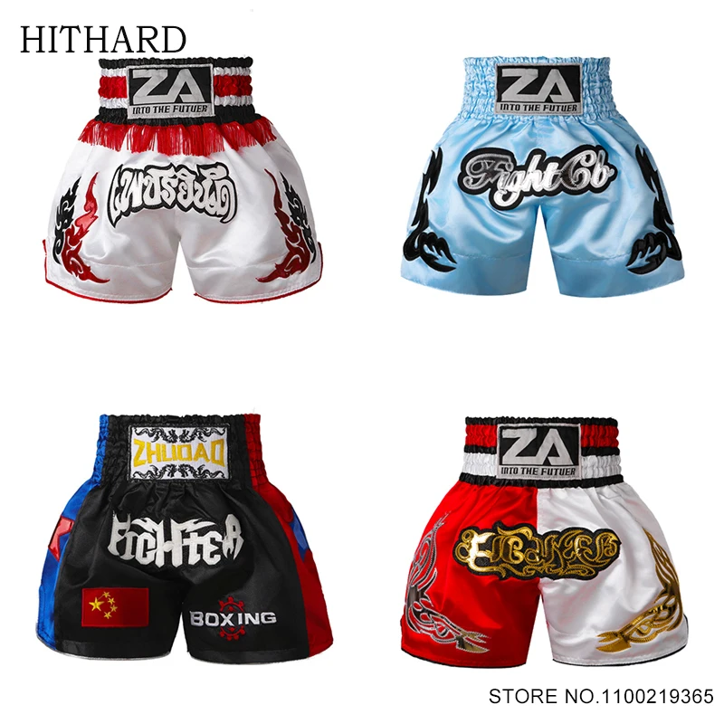 Muay Thai Pants Comfortable Boxing Shorts Men Women Child Boy Girl Embroidery Satin Kickboxing Cage Fighting Grappling Trunks