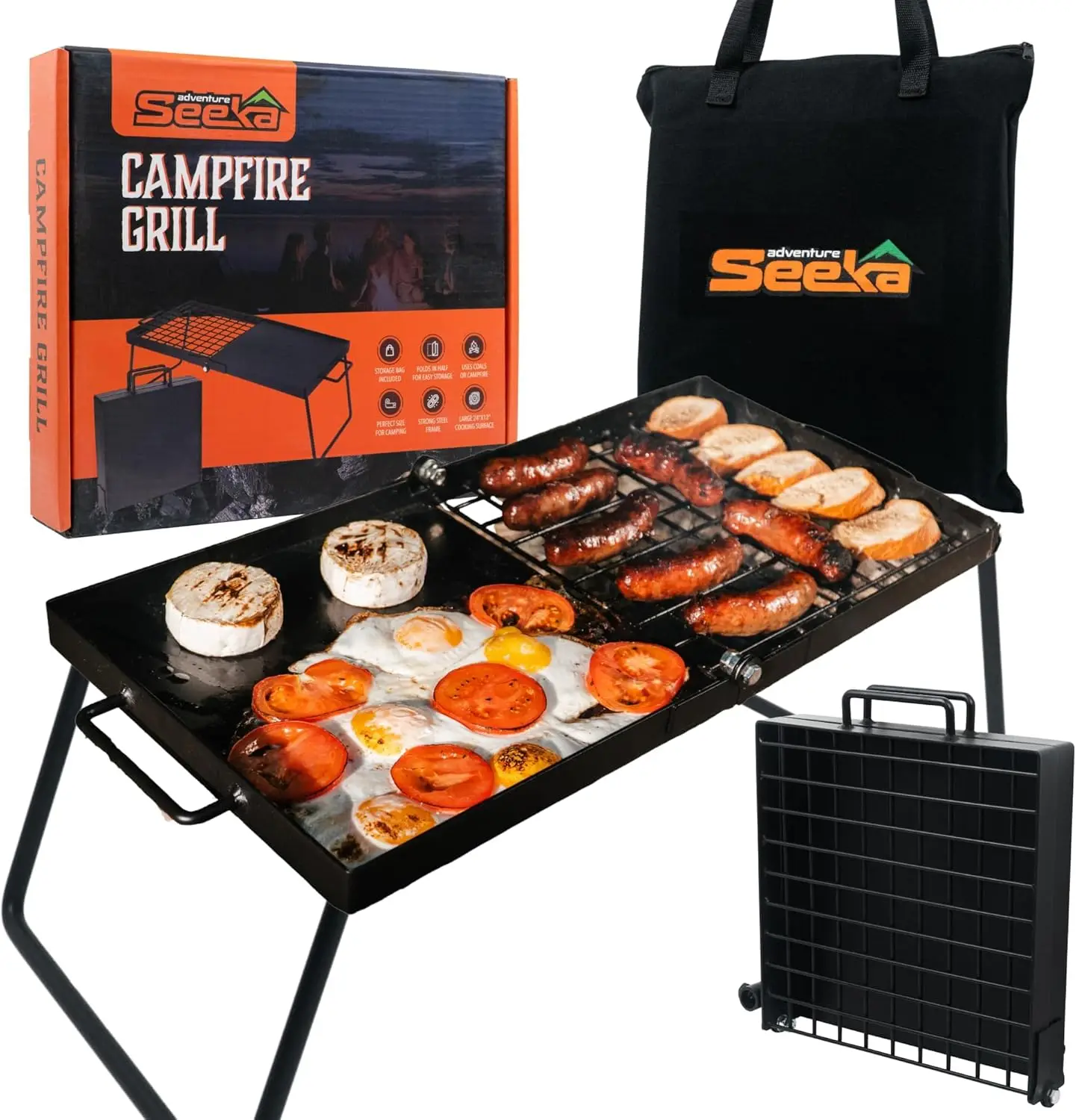 

24" Heavy Duty Folding Campfire Grill, Food-Safe Cooking Surface, Compact Folding Design, Portable Grill Grate & Griddle