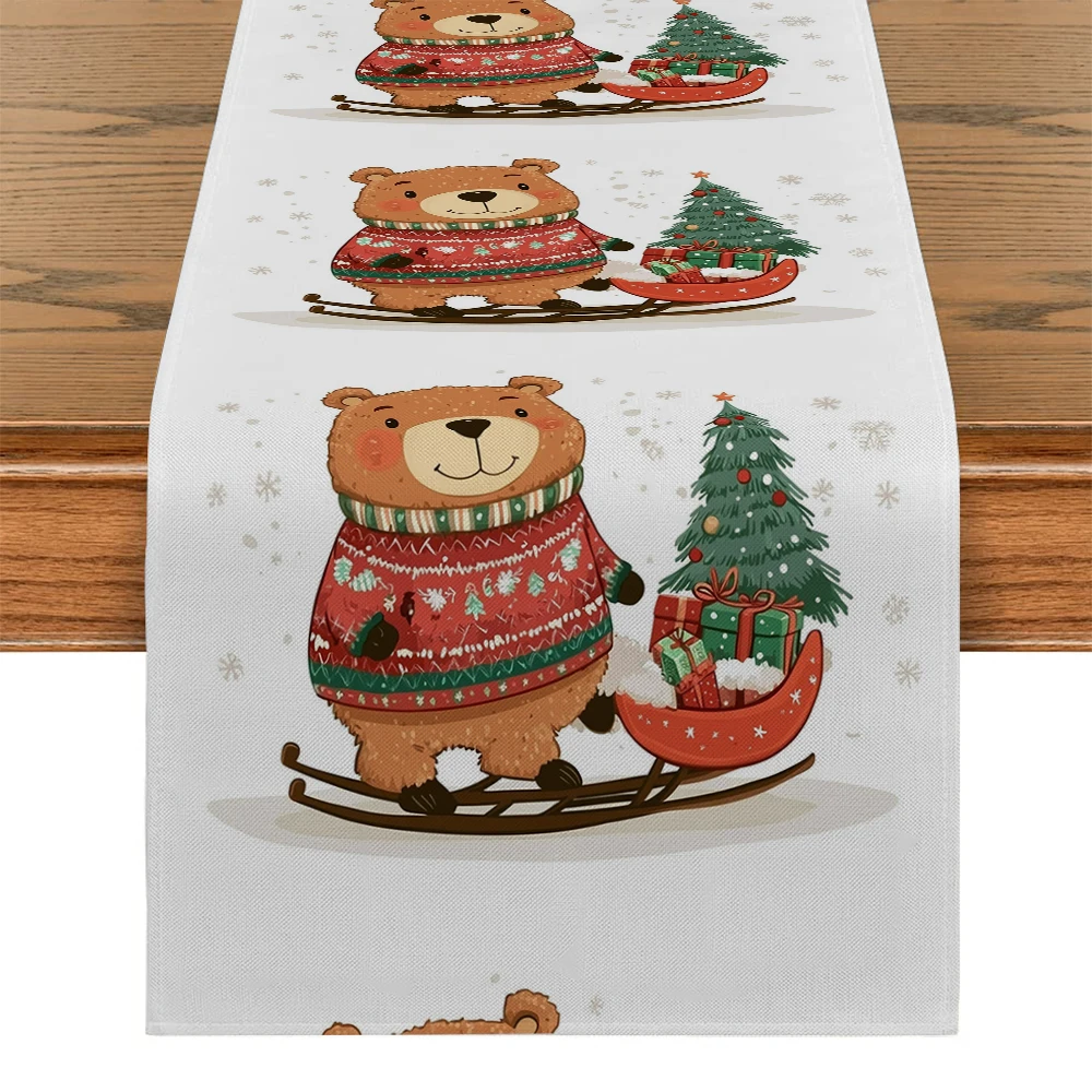 Christmas Tree Sleigh Presents Snowflake Bear Table Runner Polyester Table Runners for Dining Room Cottagecore Polyester Table