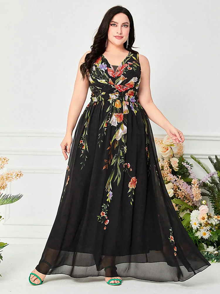 TOLEEN-Women Floral Print Sleeveless Chiffon Evening Dress, V-Neck Clothing, Casual Elegant Party Dress, Plus Size, Summer 2024