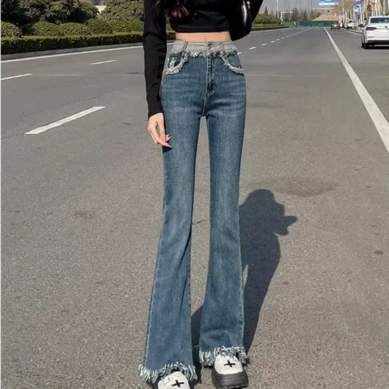 Women's Spring And Autumn New Vintage Blue Tassel Elastic High Waist Slim Horseshoe Pants With Rugged Edge Micro Horn Jeans