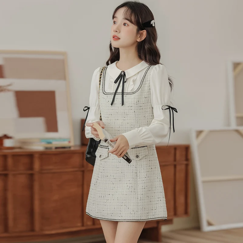 

Женское офисное платье на молнии, платье во французском Корейском стиле с длинным рукавом и бантом и высокой талией, весна 2024