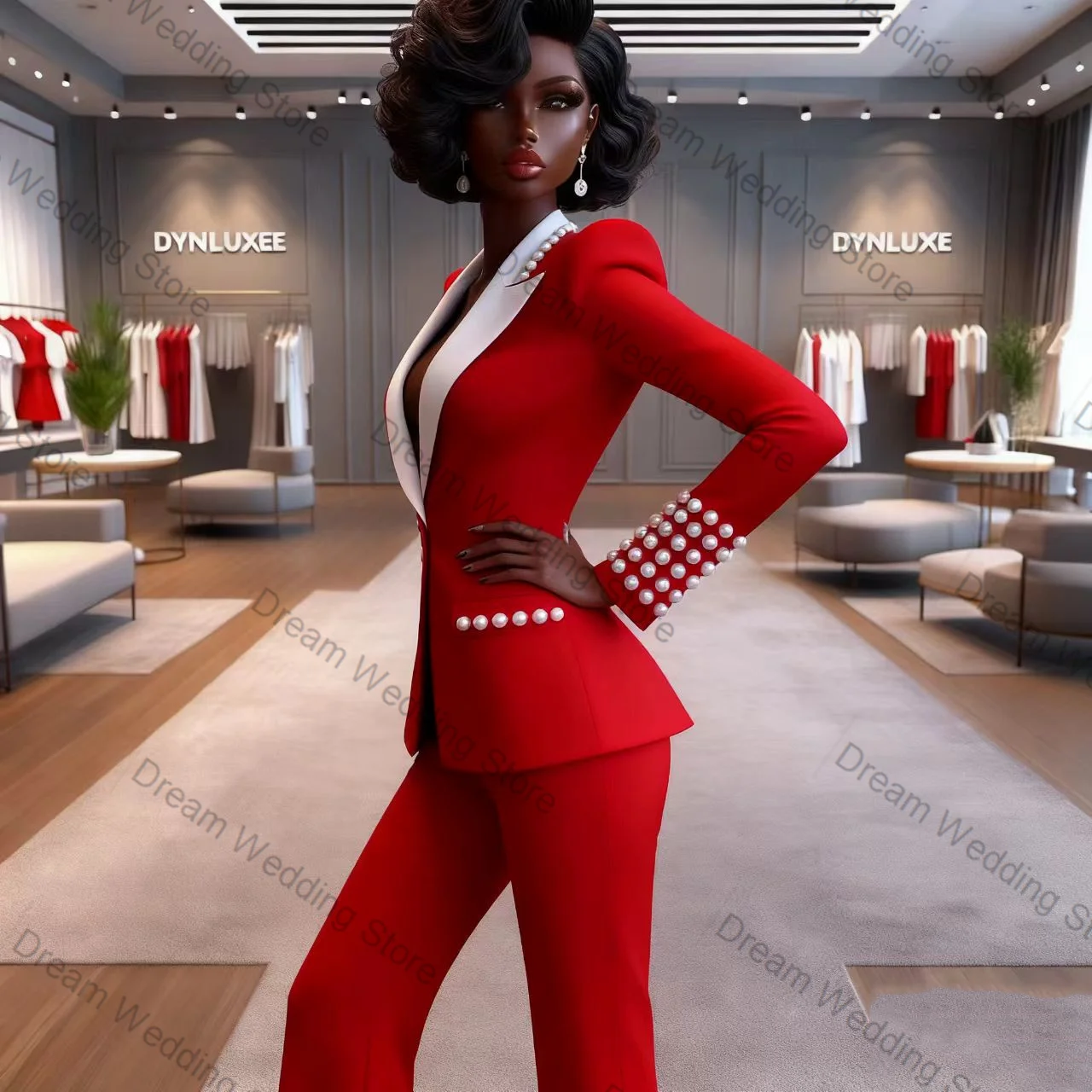 Perły Czerwono-Biały Damski Garnitur 2-częściowy Marynarka+Spodnie Bawełniane Formalny Biurowy Żakiet Damski Personalizowany Płaszcz dla Gościa Weselnego