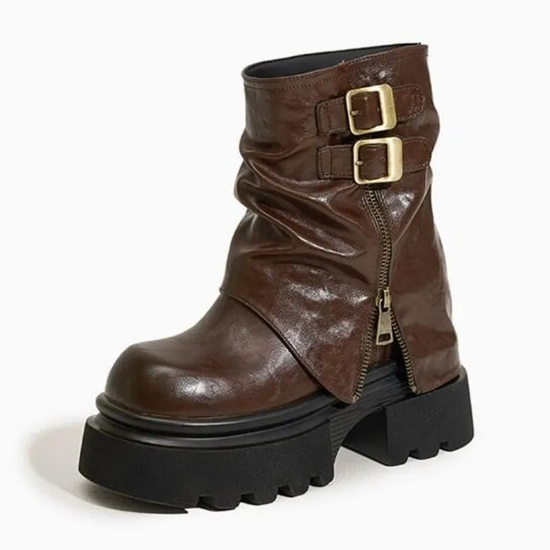 

10CM Shoes for Women High Platform Modern Boots Belt Buckle Punk Shoes 2025 Female Zip Leather Motorcycle Boots Mid-Calf Boots