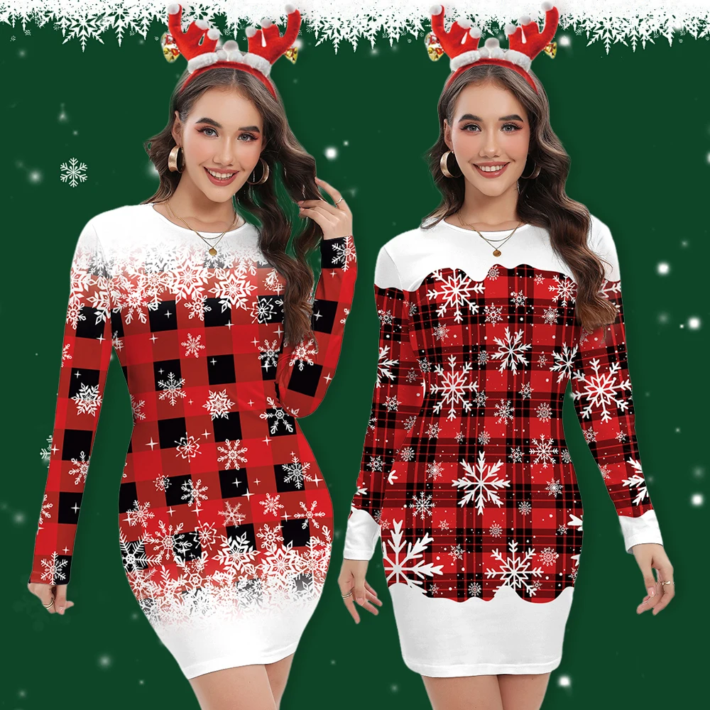 

[You're My Secret] Xmas Party Christmas Women's Fashion Snowflake Printed Dress Long-sleeved Party Performance Cosplay Costumes
