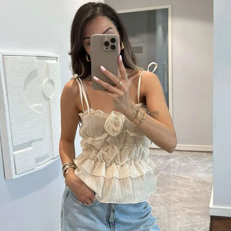 

TARUXY Sexy Flower Suspender Top For Women Lace-up Pleated Hot Girl Vest See Through Fashion Elegant Tanks Summer Holiday Camis