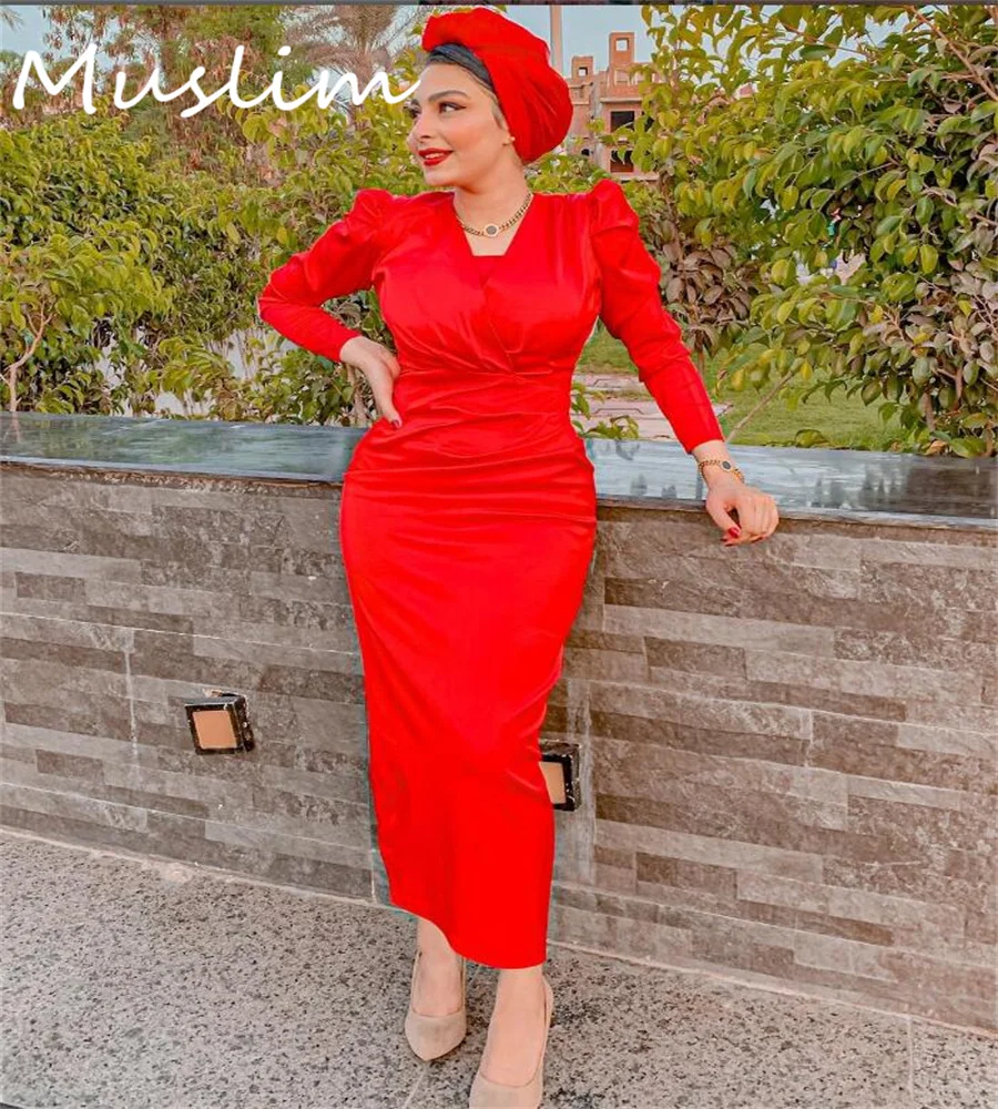 

Chic Red Arabic Evening Dress Long Sleeve Maxi Holiday Prom Dresses Elegant Formal Cocktail Party Dress Graduation Customized