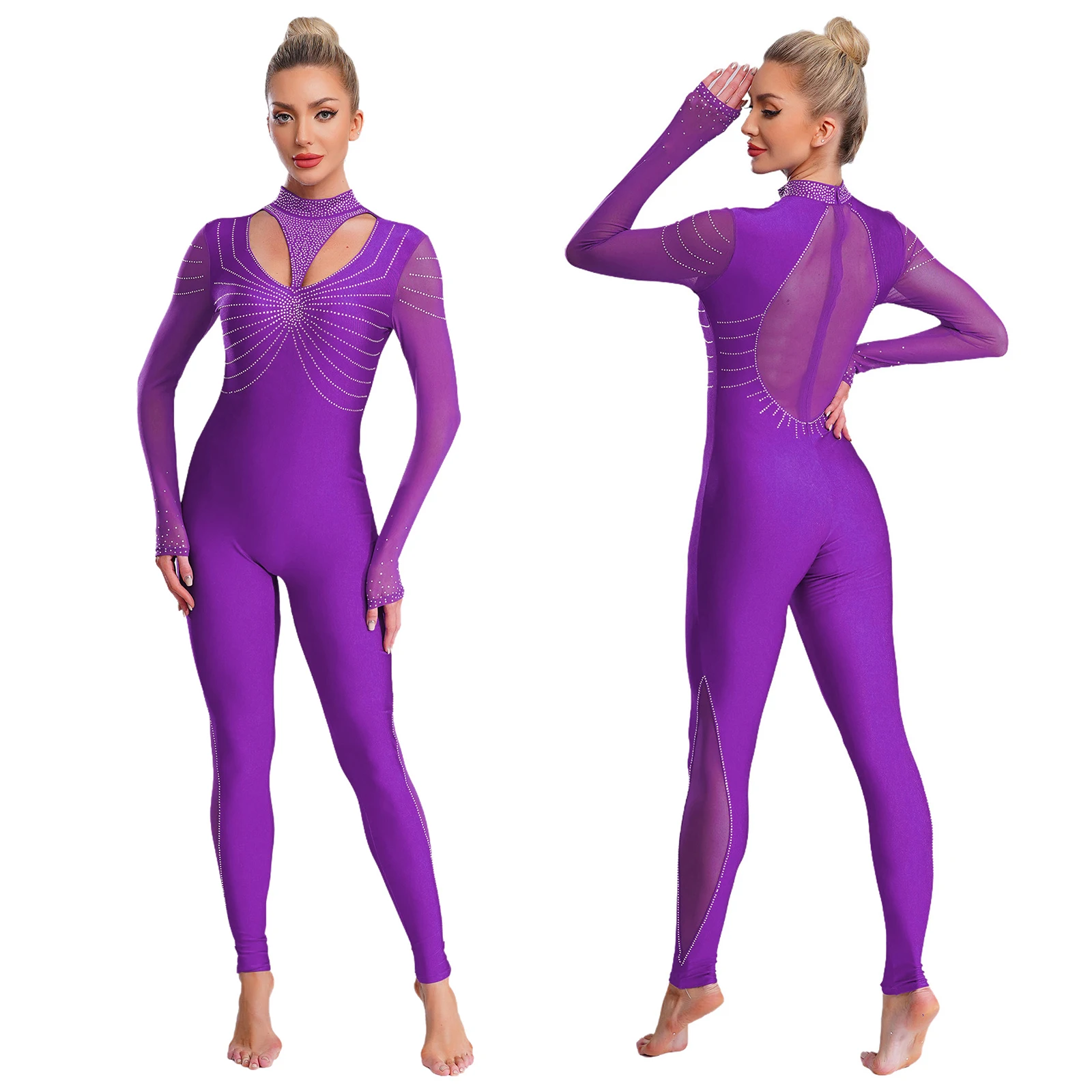 Womens Artistic Gymnastics Leotards One-piece Rompers Jumpsuits Long Tassel Sleeve Rhinestone Full Body Unitard Ballet Bodysuit