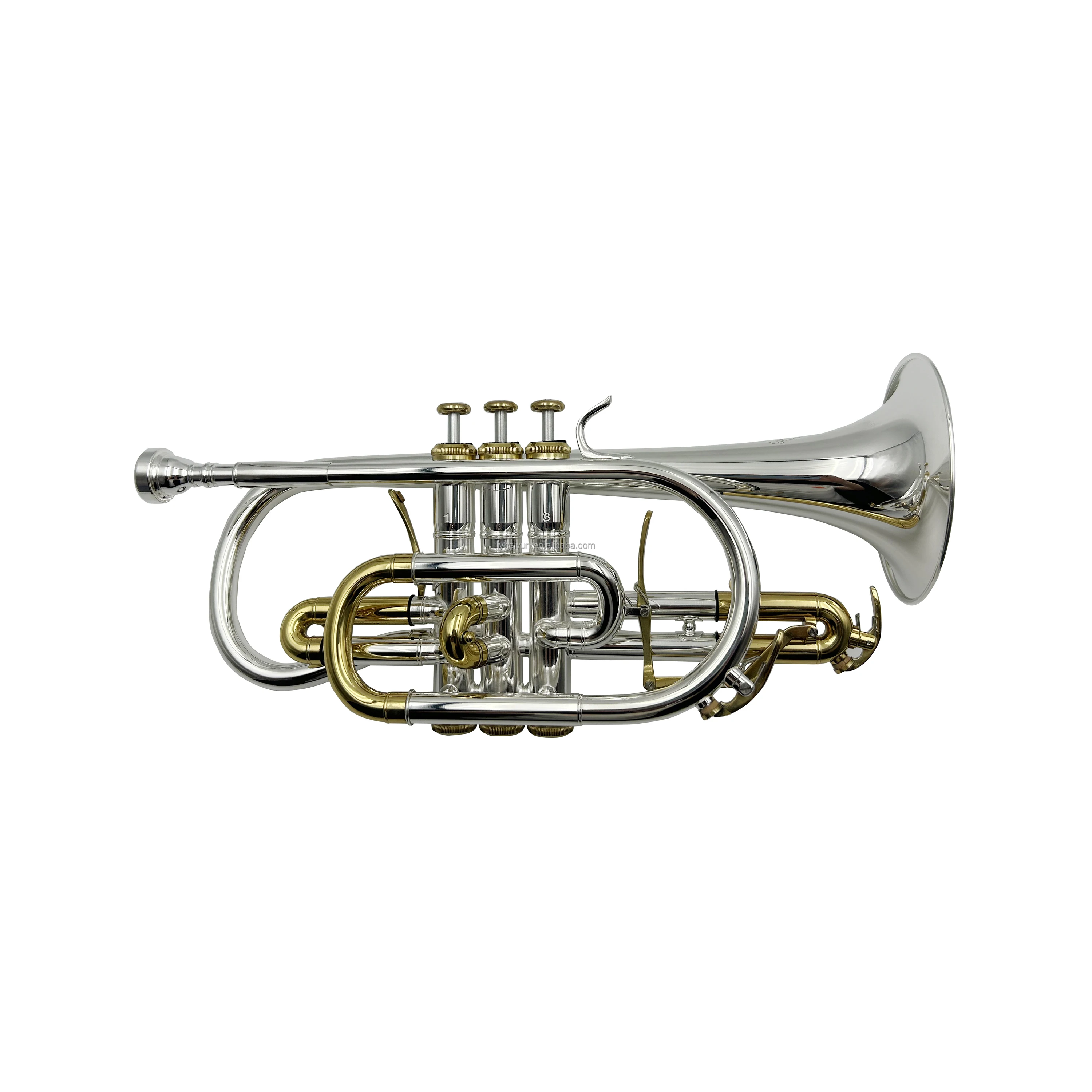 High Quality BB Key Cornet Trumpet Brass Body with Trigger Silver Plated Surface and Gold Keys OEM JYCT408DSG