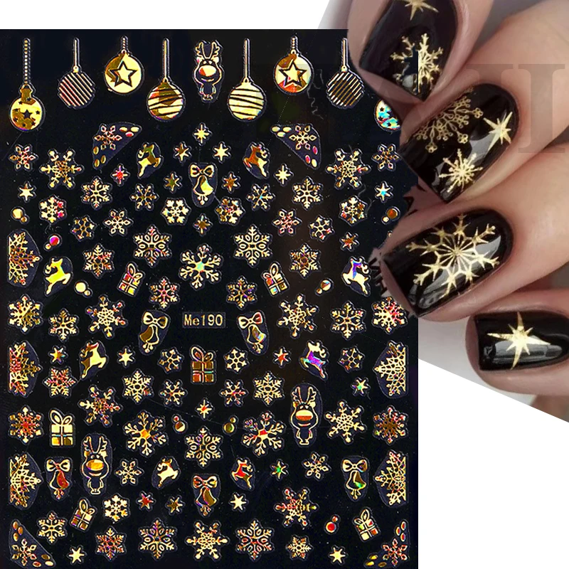 Gold Christmas Nail Stickers Snowflakes Santa Claus Elk Tree Self Adhesive Sliders Holographic Winter 3D Nail Decals Decorations