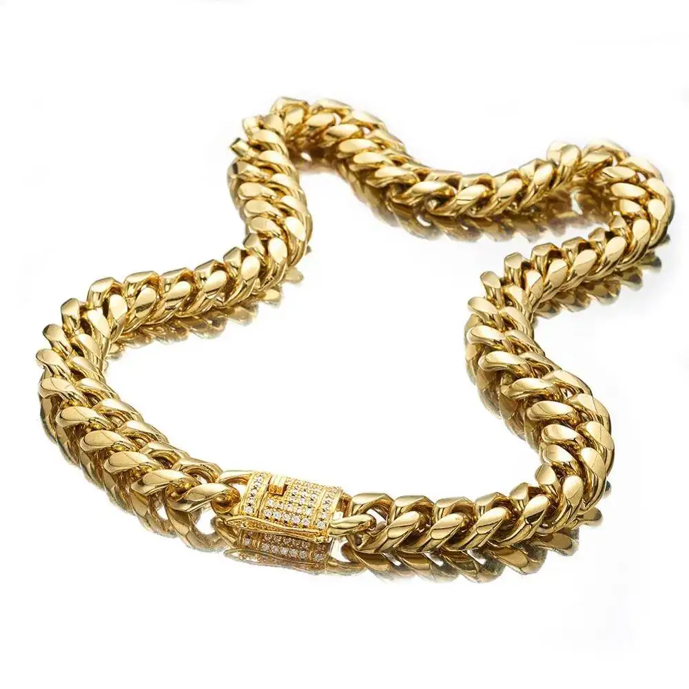 6-18mm Heavy Stainless Steel Cuban Miami Chain Necklace CZ Zircon Box Lock Hip Hop Men's Jewelry