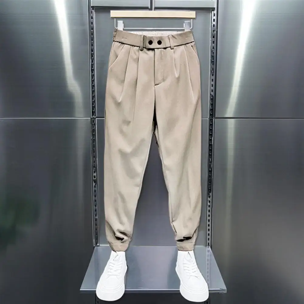 Elastic Waist Pants Men's Spring Fall Loose Harem Pants with Ankle-banded Elastic Waist Side Pockets Solid Color Suit Trousers