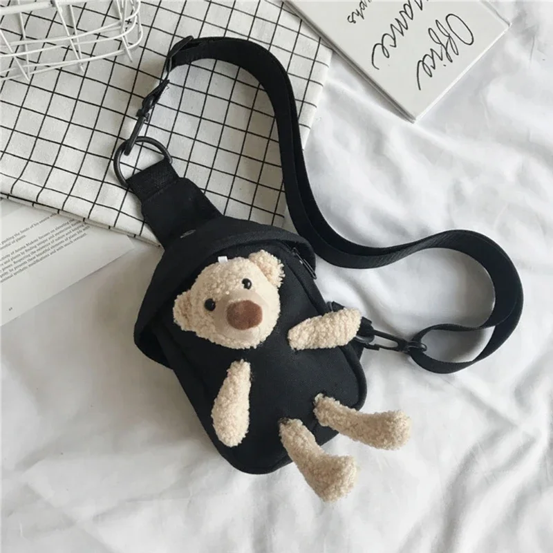 Cute Bear Canvas Wild Chest Bag Trendy All-match Messenger Women Casual Daily Wear Waist Bag Cartoon Fashion Personality Crossbo