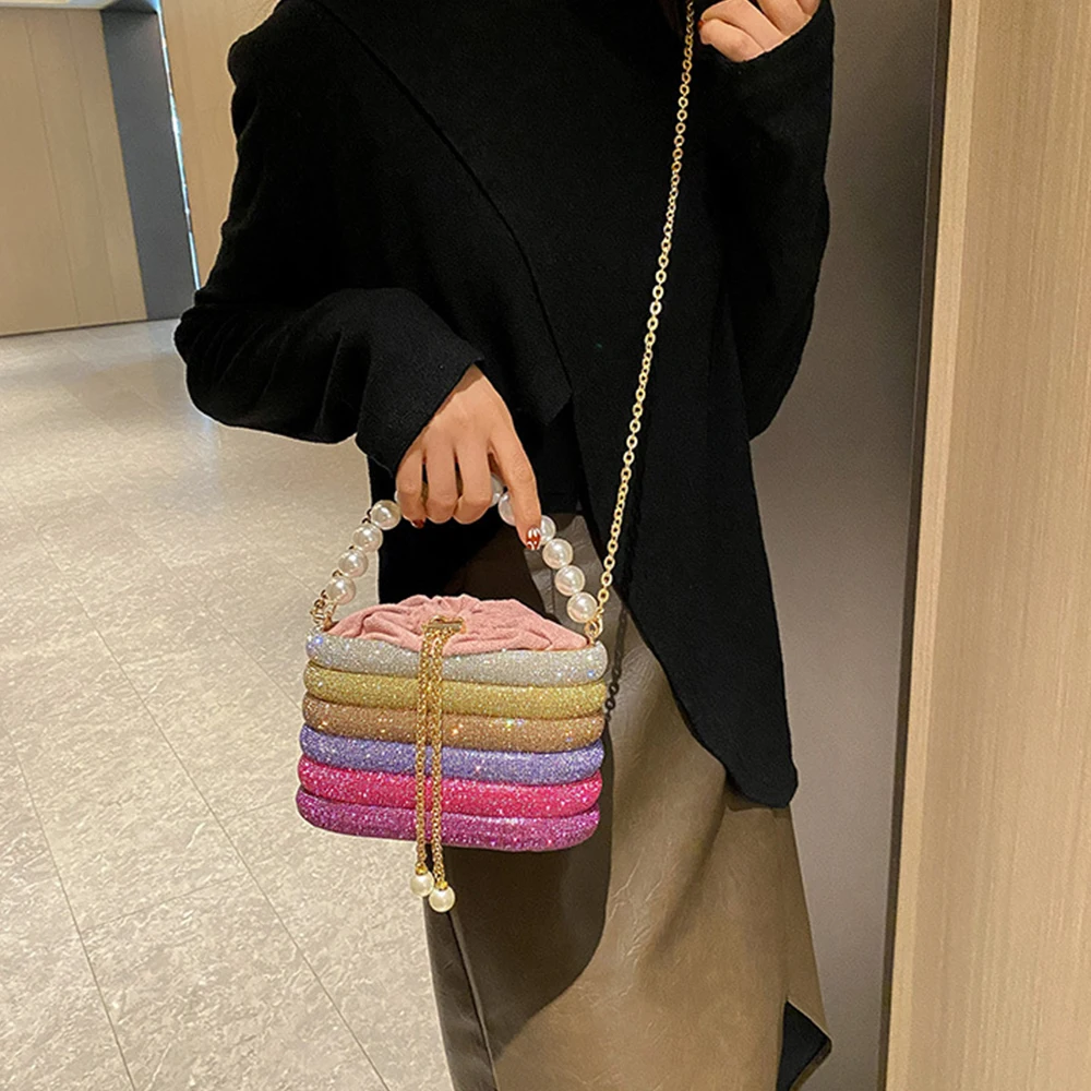 Luxury Diamond Box Bag Handbag Pearls Beaded Handle Evening Clutch Rhinestone Shoulder Crossbody Bag Candy Color Drawstring Bag