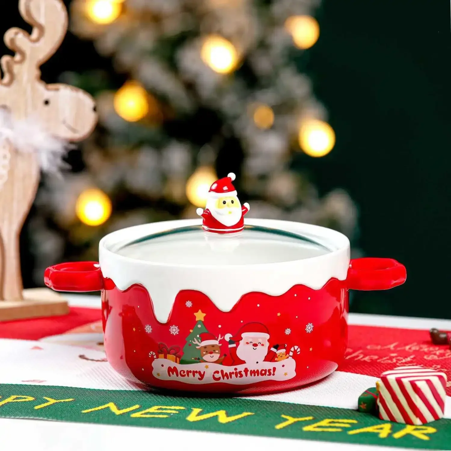 

Christmas themed instant noodle bowl with lid, ceramic high-temperature resistant new creative large capacity soup bowl