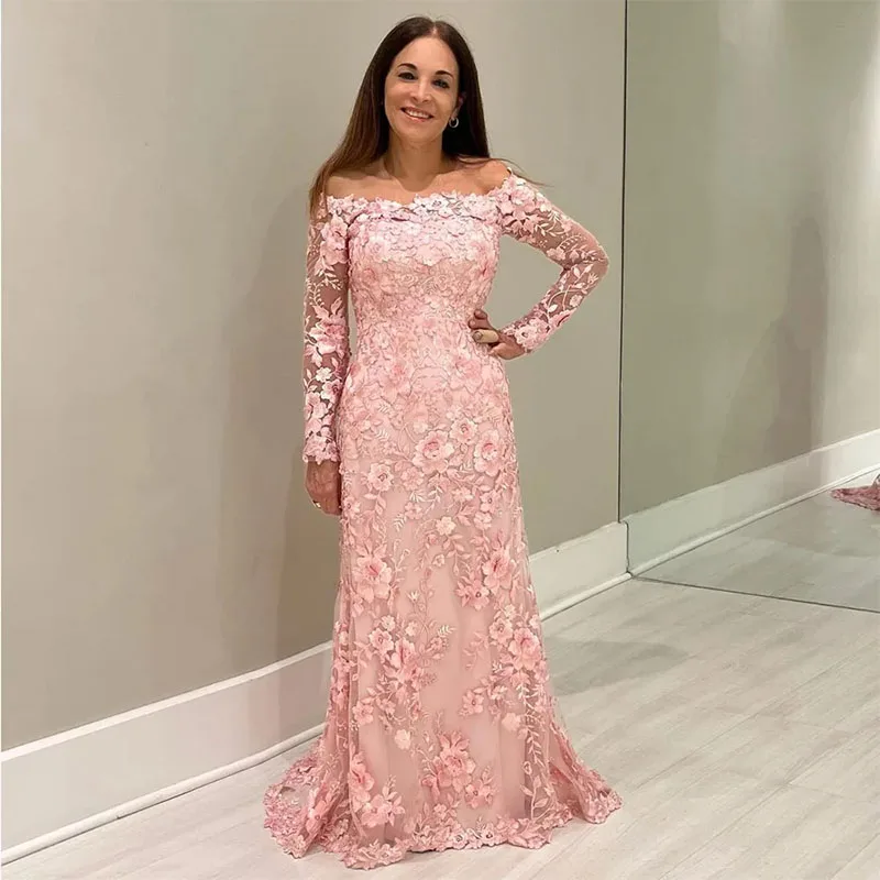 

Modest Lace Mother Of Bride Dresses Beaded Long Sleeves Wedding Guest Dress Off The Shoulder Neckline Floor Length Evening Gowns