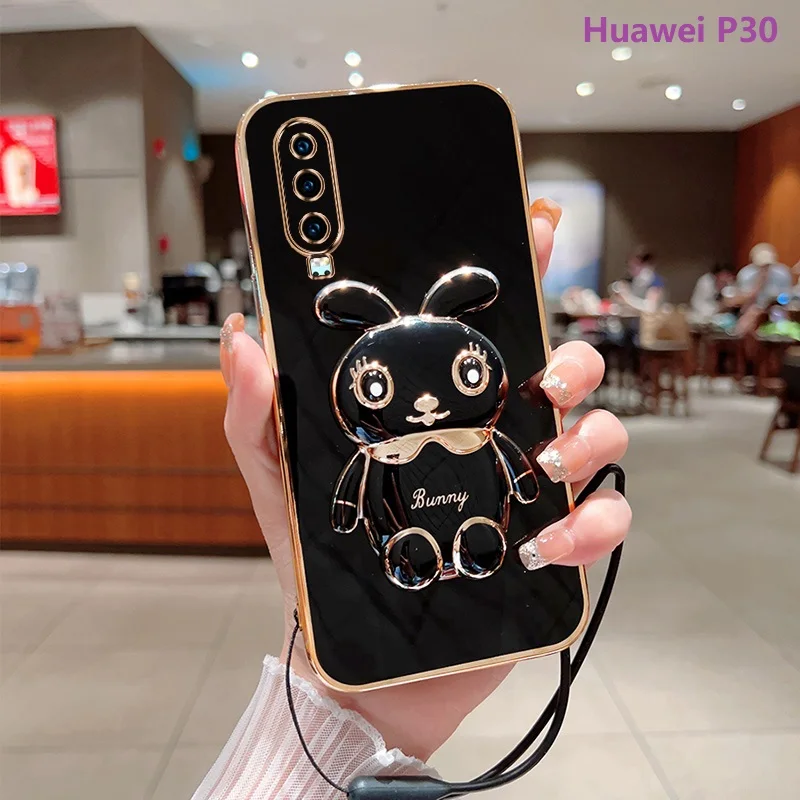 Phone Case for Huawei P30 Huawei P30 Pro Huawei P30 Lite Huawei P20 Pro Huawei P20 Lite Plating Square Rabbit Holder Case Cover