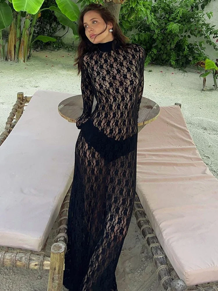 Tossy See-through Mesh Tight Maxi Dress Sexy Hollow Out Lace Mesh Patchwork Women Fashion Full Sleeve Banquent Long Dress 2024