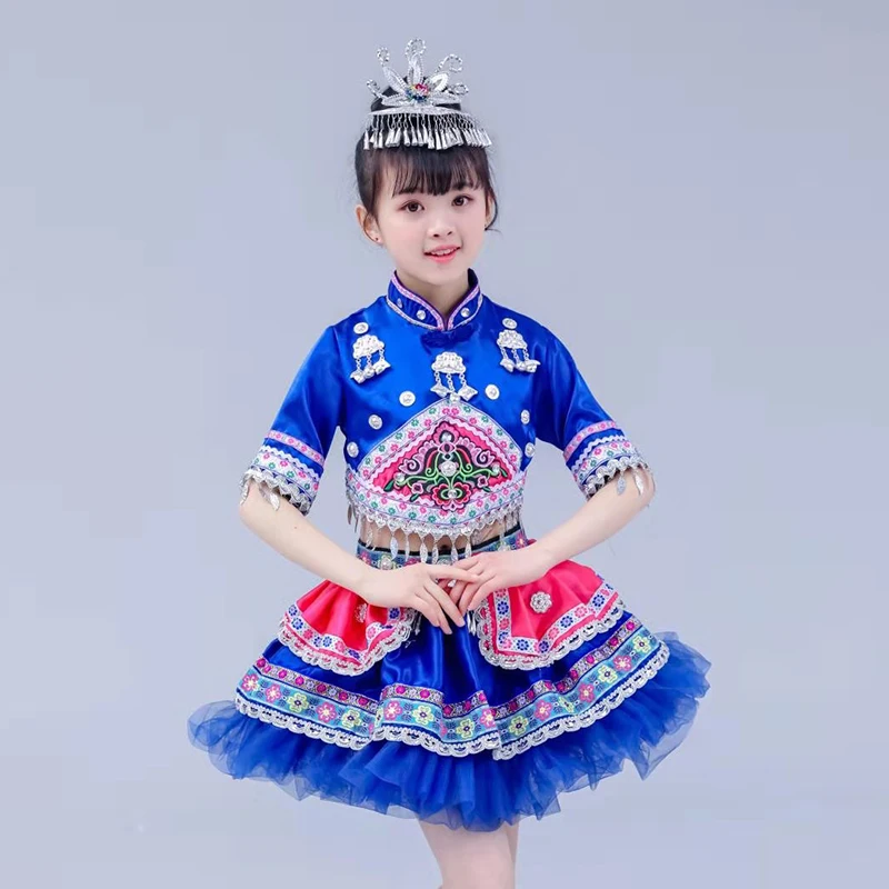 Costume de spectacle ethnique Miao pour enfants, costume de danse sur pôle en bambou, style hanfu chinois