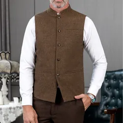 Men's Suit Vest Elegant Sleeveless Stand Collar Business Button Slim Fit Herringbone Waistcoat For Wedding