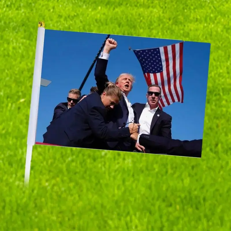 Assassination Flag 12pcs 14x21cm Trump Rally Shot Flags on Stick 2024 Election Handheld Flags Design for for Outside Decorations