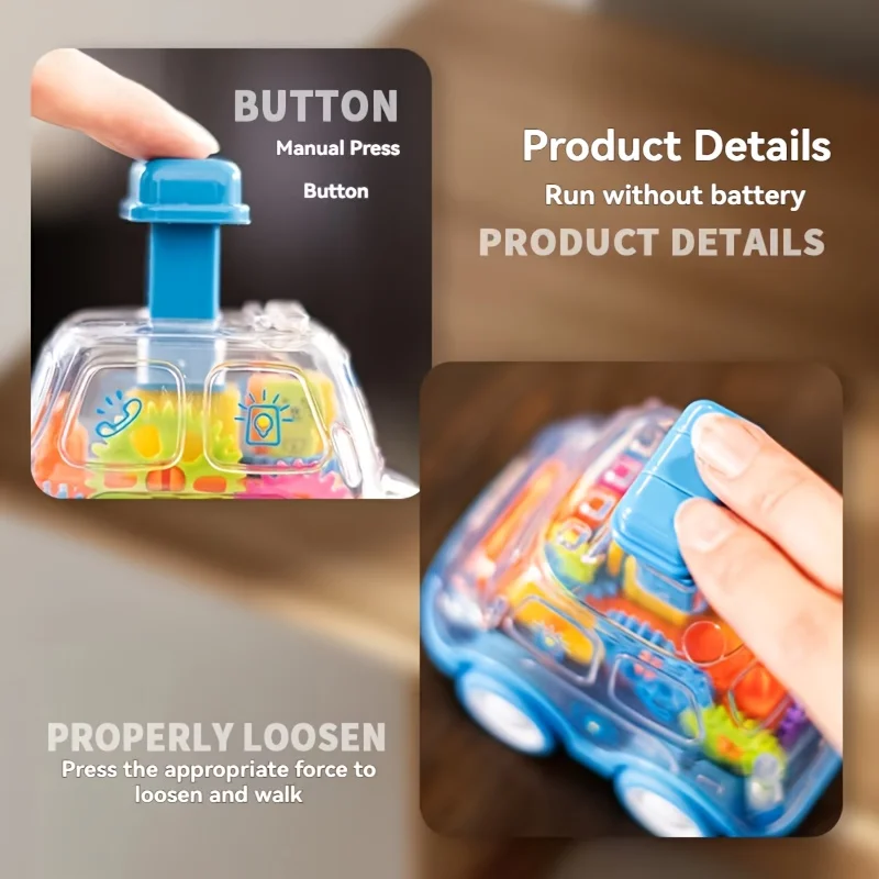 1Pc Cute and Fun Transparent Gear Car, Children's Colorful Press Rebound Toy, Mini Car, Small Gift Toy