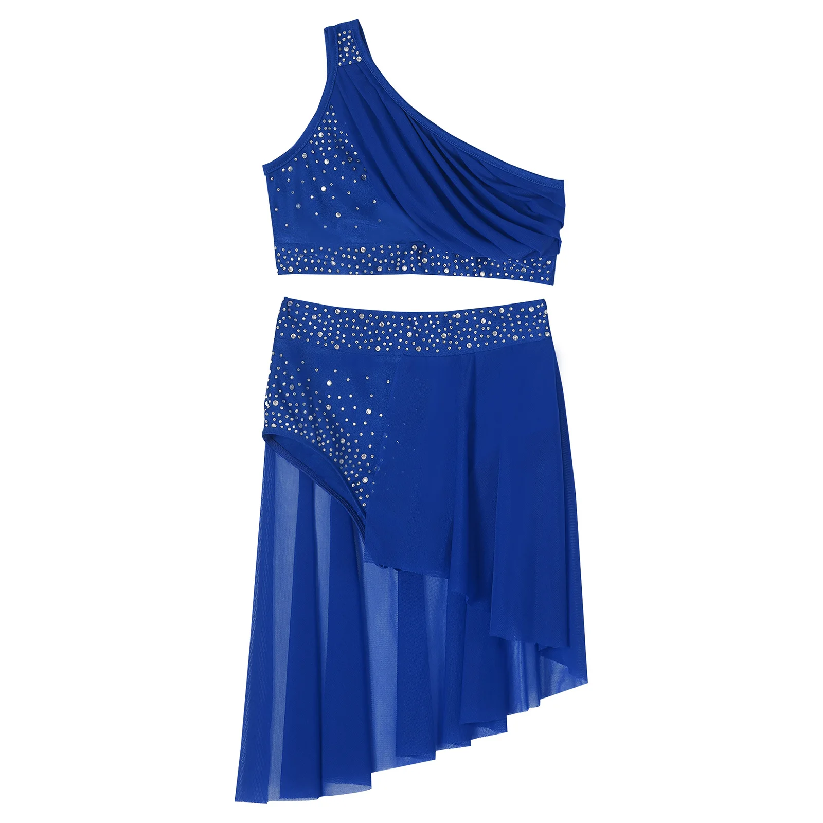 Lyrical Dance Outfit balletto ginnastica body strass una spalla Crop Top con gonna Tutu abito da ballo lirico