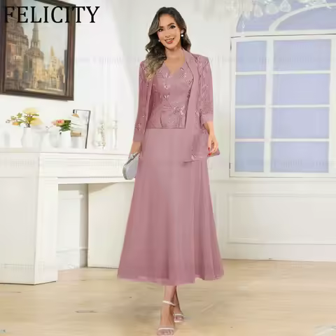 FELICITY Customized Elegant Mother of the Bride Dress with Jacket 2026 2 Pieces A-Line Sequins Wedding Guest Dress Evening Gowns