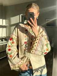 French Luxury E Shirt Women Colorful Flower Embroidery Blouse Spring New Ladies Lace Up Flare Sleeve Vintage Sweet Long Sleeve