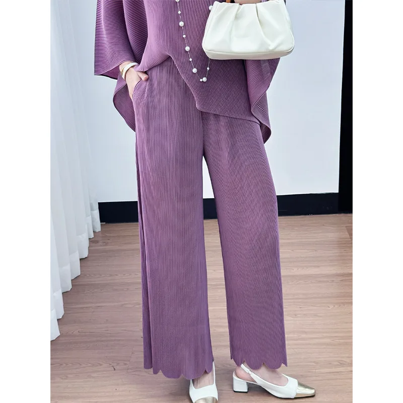 Cor sólida plissado superior calças de cintura elástica irregular conjunto de duas peças premium sentido miyake 2025 verão moda feminina terno