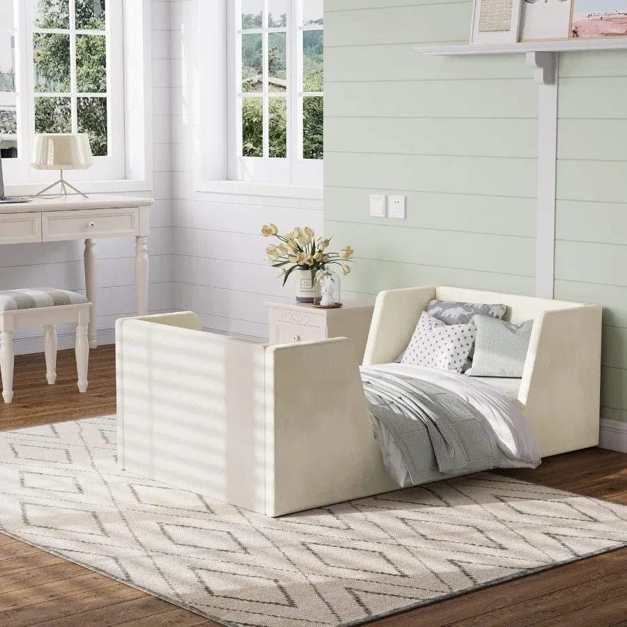 Toddler floor bed frame with guard rails for ages 2-6, certified fabric, light gray, safe low-profile design for standard crib