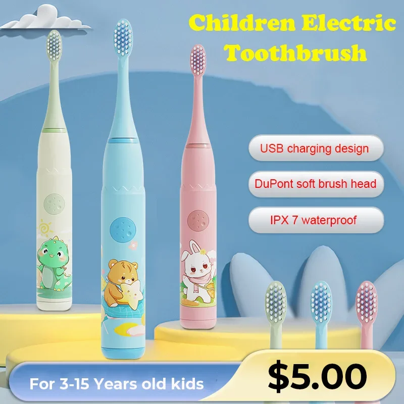 Colorful Cartoon Children's Electric Toothbrush IPX7 Waterproof with Automatic Rechargeable Base And Replacement Heads for Kids