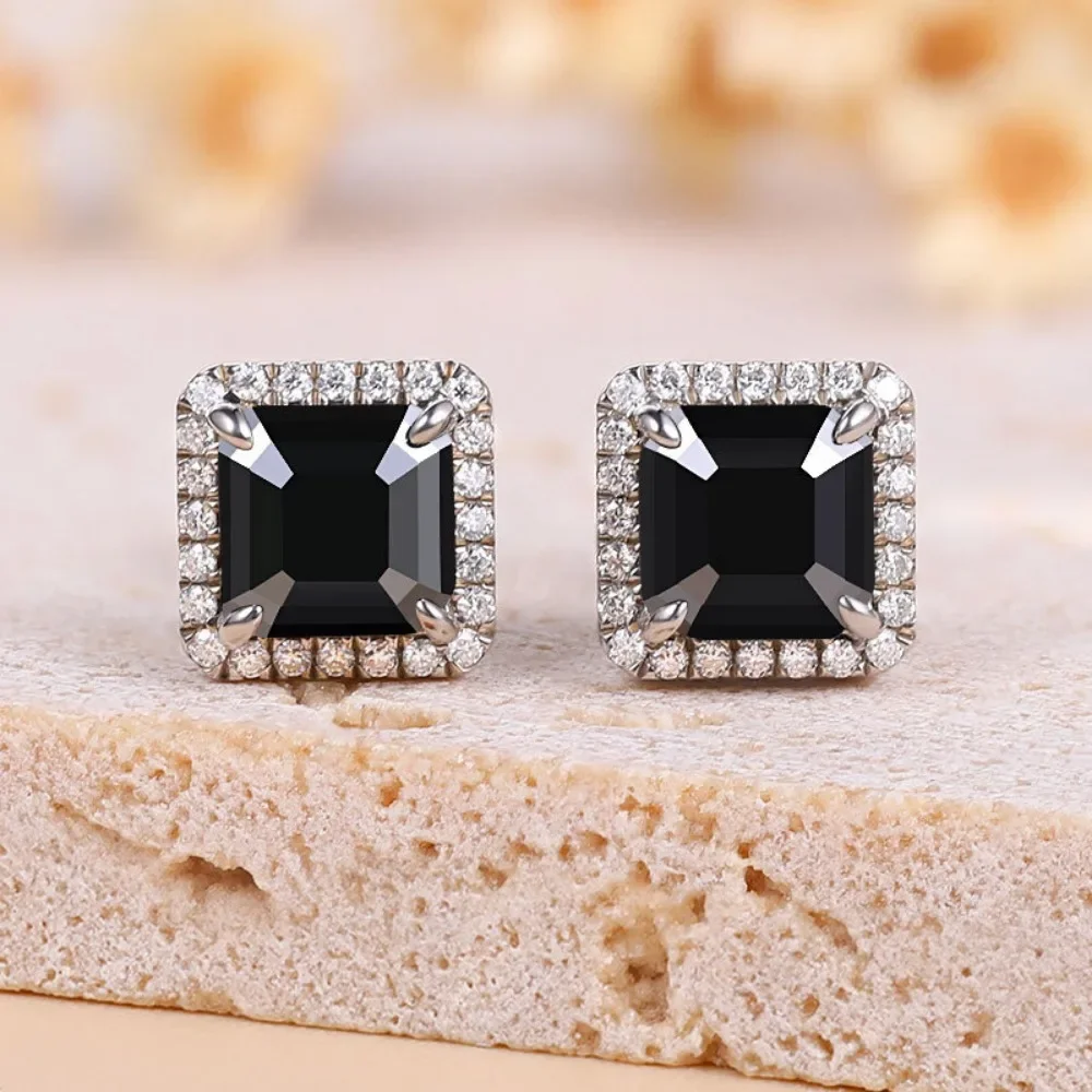 All Moissanite Stud Earrings for Women Men Black Square D Color Diamond S925 Sterling Silver 18K White Gold Plated Jewelry Gift