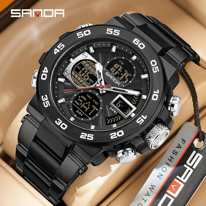 

SANDA New Sports Men Watch Dual Display Dual Movement Waterproof Multi functional Watch Steel Strip Electronic Quartz Men Watch