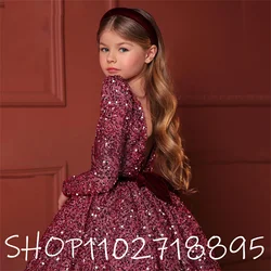 Glitter Sequin Celebrity Flower Girl Dress V Neck Backless Elegant First Communion Dress Little Bride Dress Bow Girl Dresses