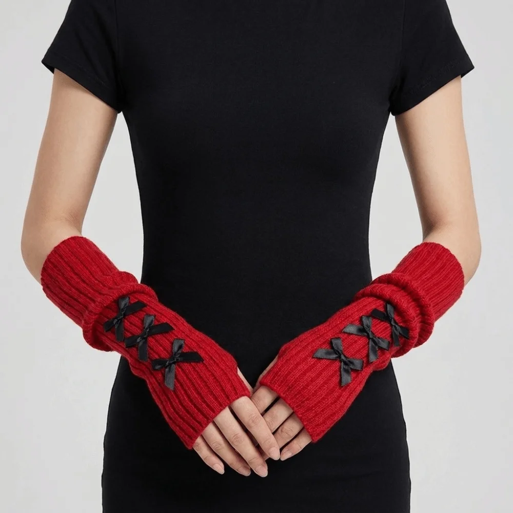Slouchy Bow Knitted Arm Warmers Stacked Windproof Y2K Fingerless Gloves Long Warm And Comfortable Half Finger Gloves Daily