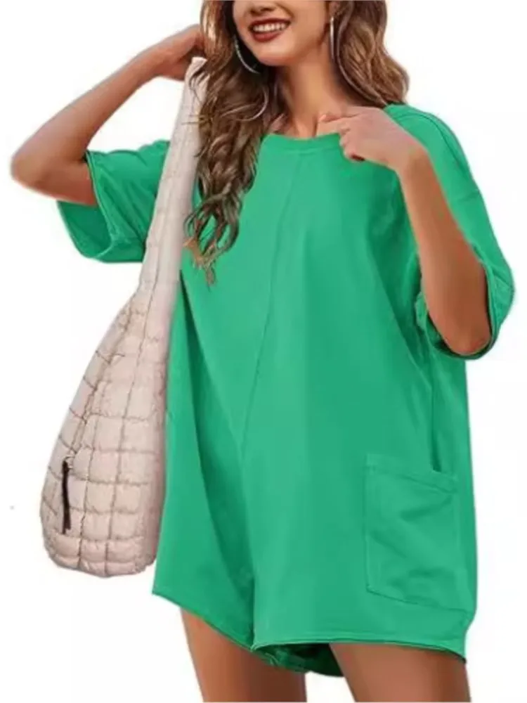 Casual losse effen jumpsuit dame mode O hals korte mouw shorts zakken jumpsuits voor vrouwen zomer streetwear kleding nieuw