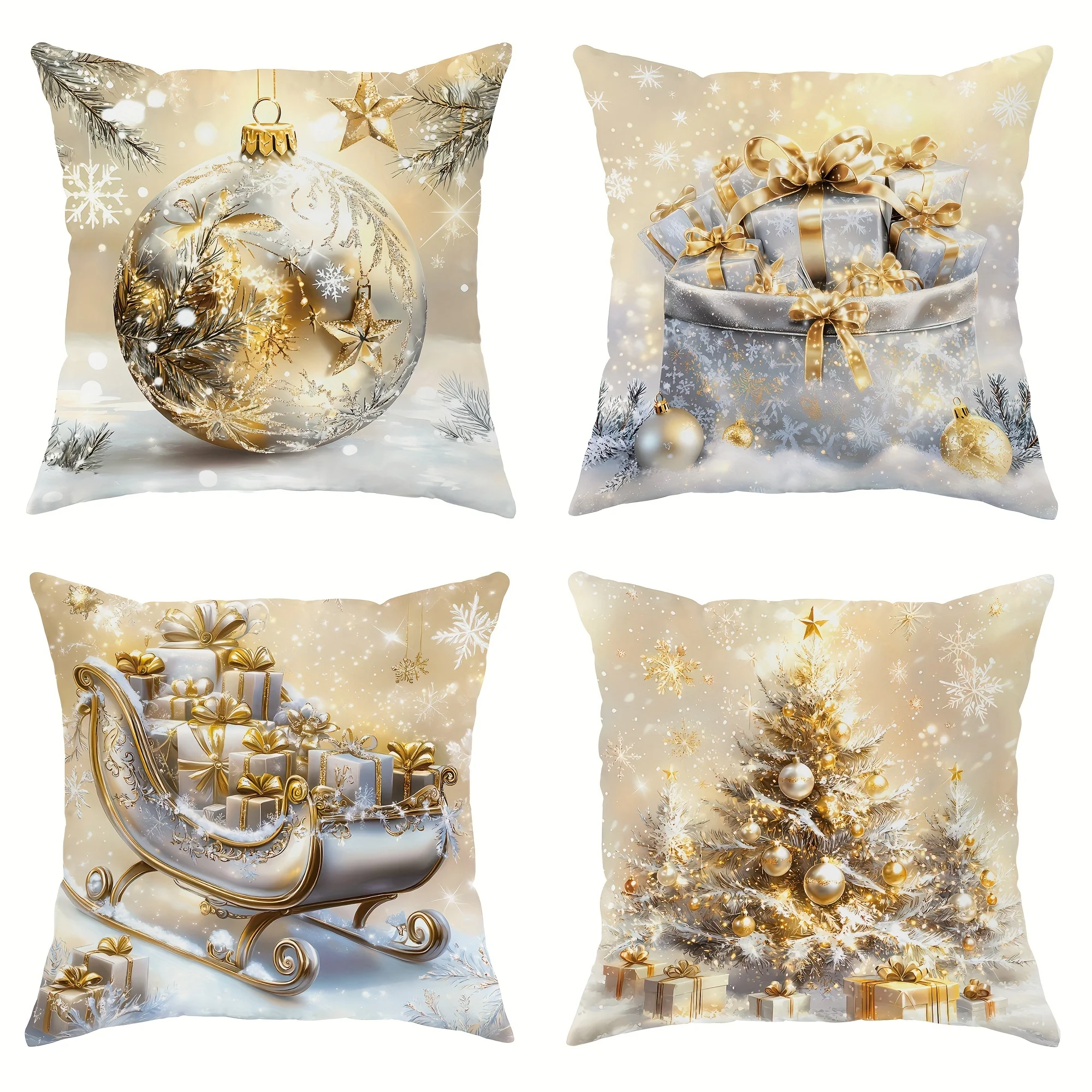 

4Pc Christmas Theme Decorative Pillow Covers -Christmas Tree Gift Christmas Sled & Christmas Ball Design for Home Decor
