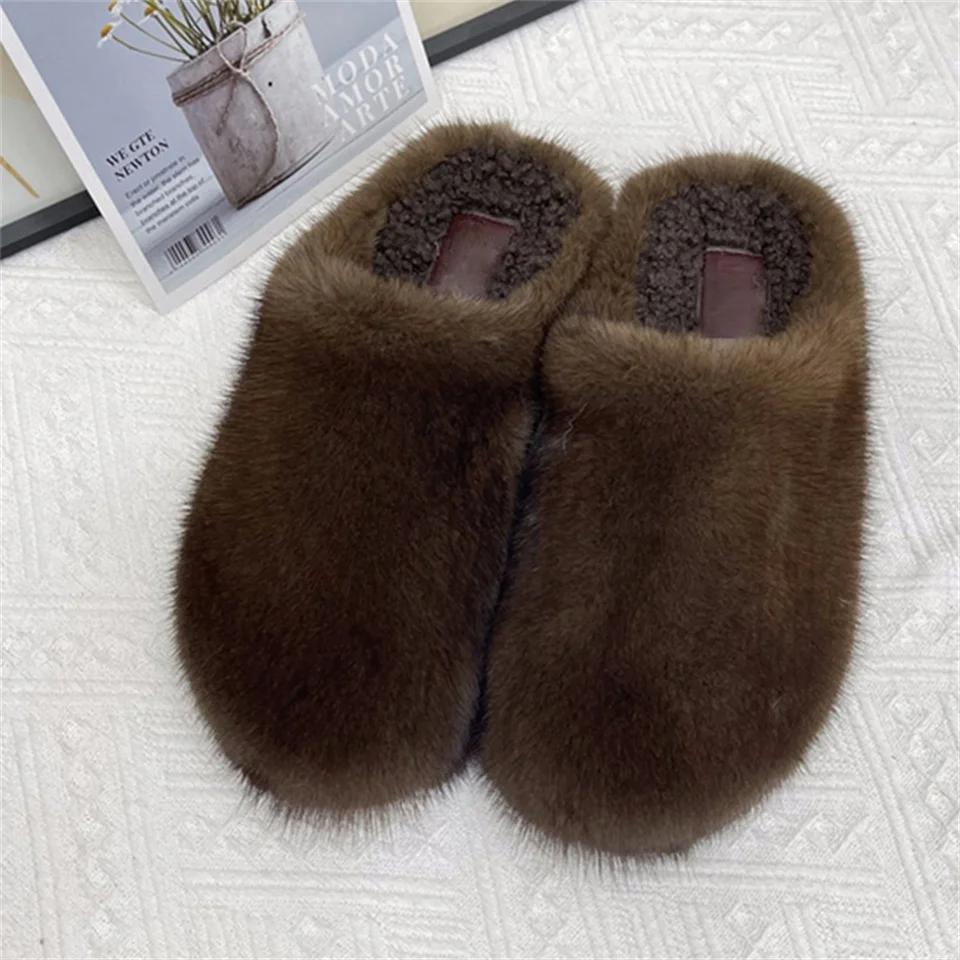 Winter Women's Shoes Luxury Mink Slippers Muller Slippers Wool Sole Slipper Soft And Comfortable Outdoor Slippers Real Fur Shoes