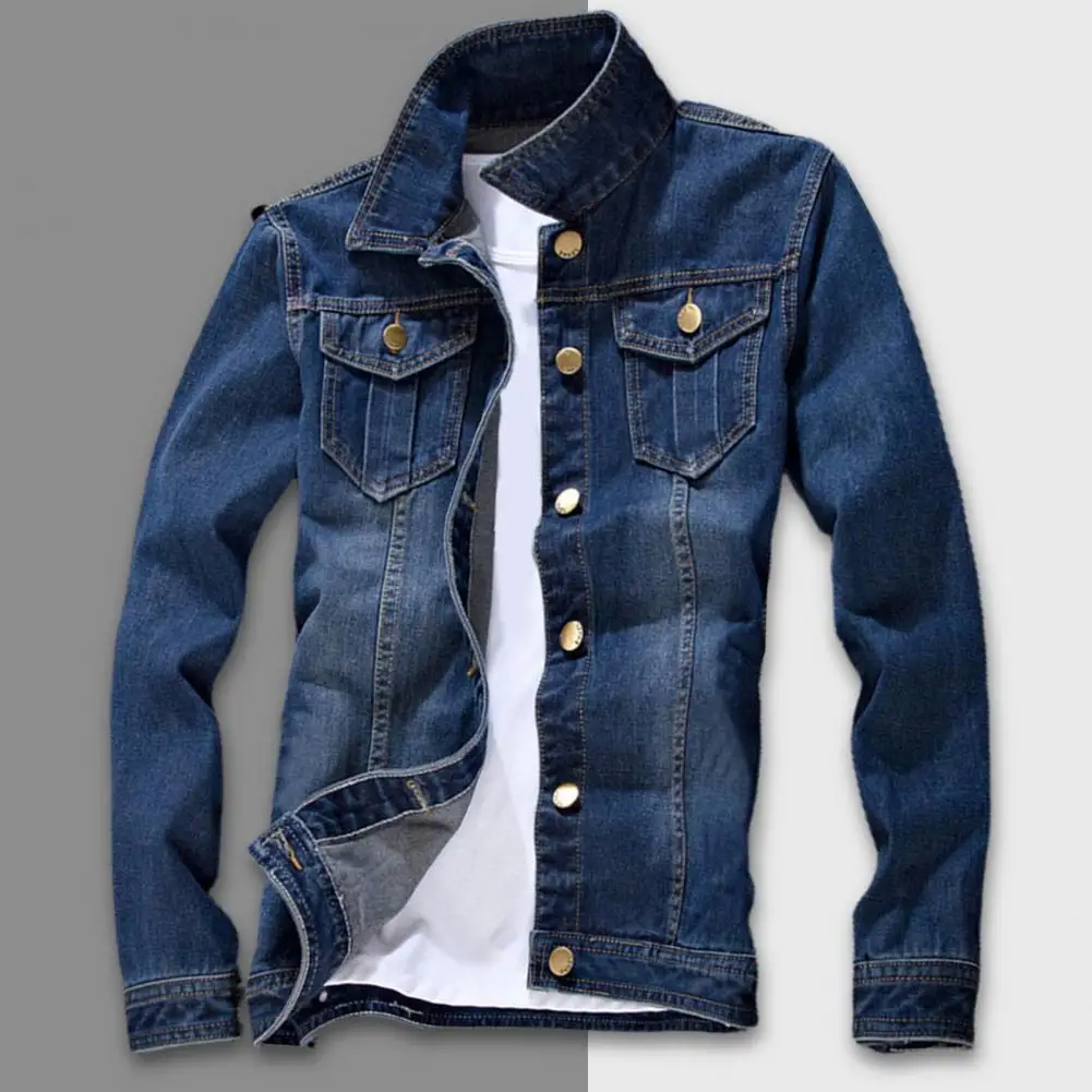 Men Denim Coat Vintage Turndown Collar Men Jeans Jacket Autumn Streetwear Pure Color Slim Fit Jeans Jacket Buttons Denim Coat