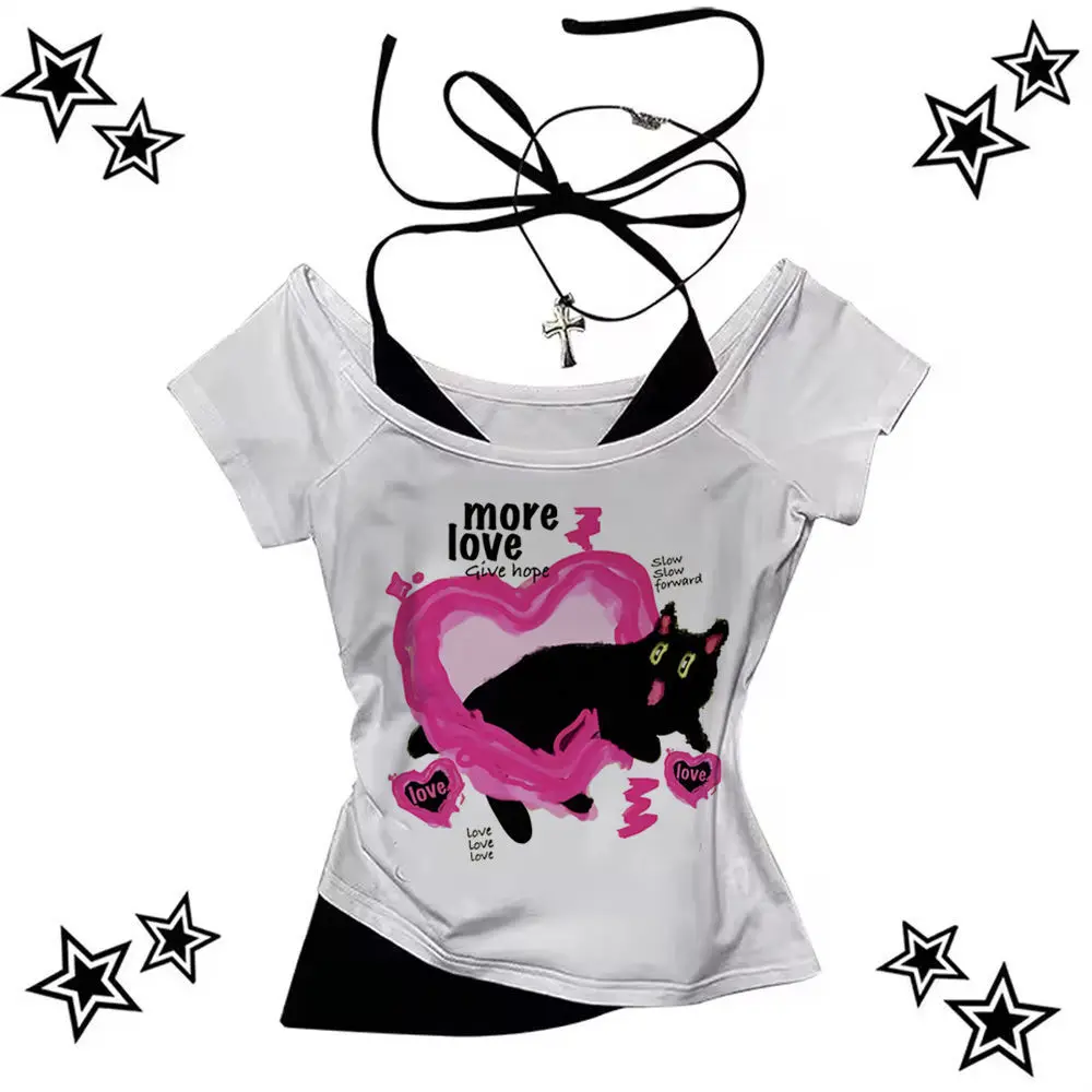 

Cat Y2k crop top 2000s gothic corset summer Aesthetic y2k gyaru harajuku teens tees