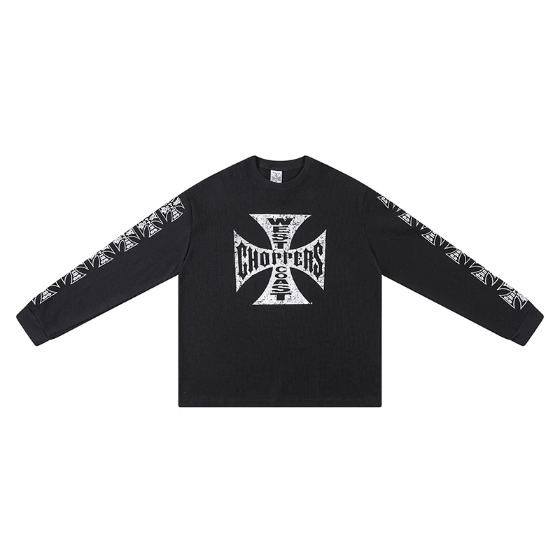 

West Coast Choppers Vintage Black Cross Print American High Street Waffle Sanskrit Long Sleeve