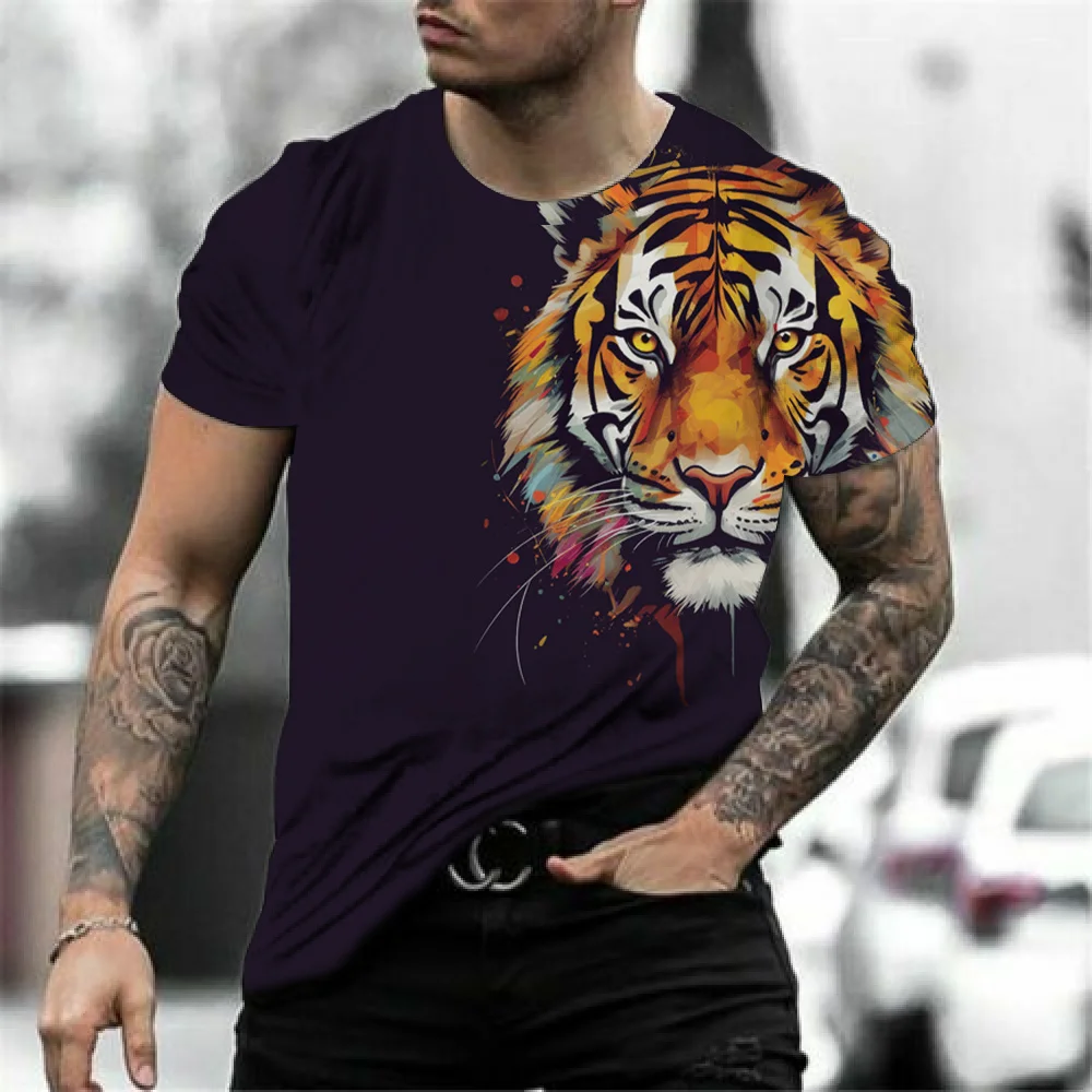 Tiger print men\'s T-shirt Harajuku 3D T-shirts animal pattern short sleeved clothing summer large retro men\'s round neck T-shirt