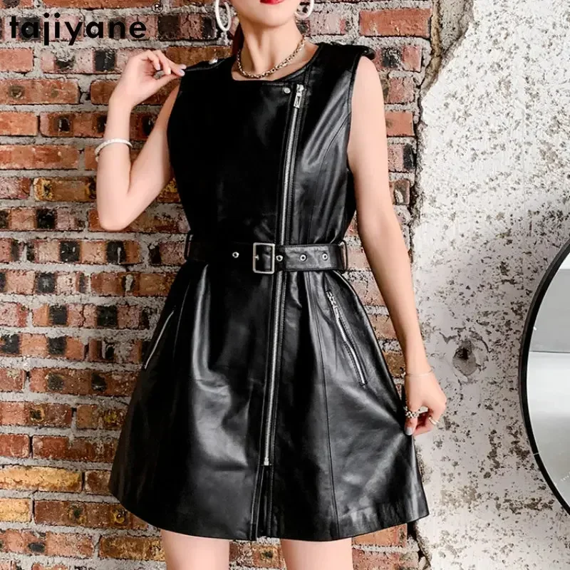 

Tajiyane Black Dress for Women O Neck Genuine Sheepskin Leather Dresses Korean Style Sleeveless Dress Womans Clothing Streetwear