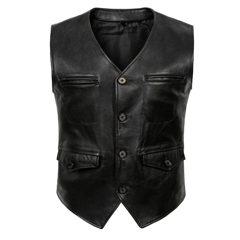 

New Arrival Genuine Top Layer Cowhide Leather Men's ort Fit V-Ne Motorcycle Jaet Faion Urban Sle Casual Wear