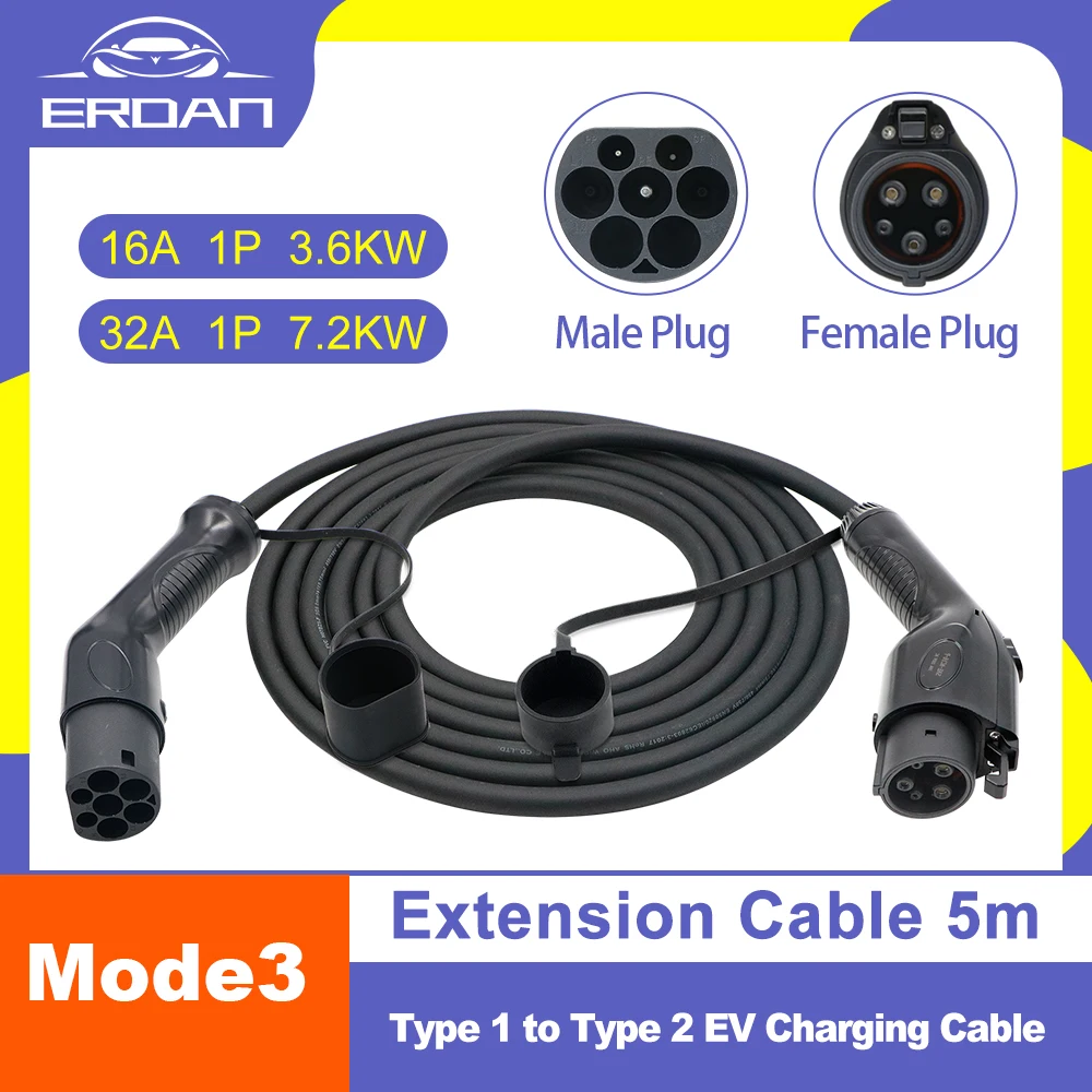 

Model 3 Sae J1772 Female Type1 16a 3.6kw 32a 7.2kw Type 1 to Type 2 Electric Vehicle Charging Cable Fast EV Charger