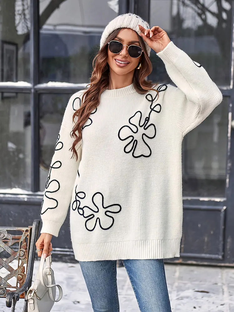 Nuovo pullover a maniche lunghe con scollo tondo floreale stampato casual Maglione lavorato a maglia caldo beige morbido di alta qualità Top moda da donna 2025